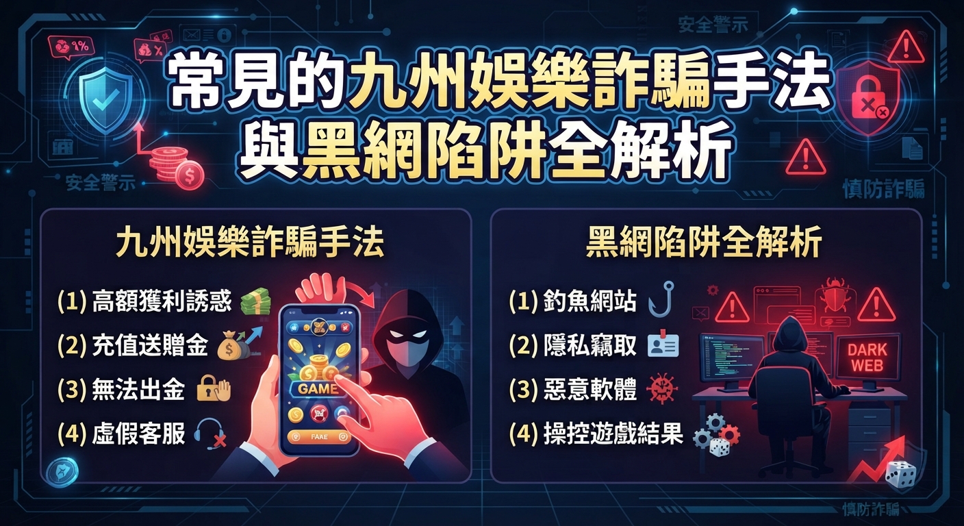 圖片採用高科技資訊安全風格,主標題清晰顯示「常見的九州娛樂詐騙手法與黑網陷阱全解析」。 畫面下方分為左右兩個區塊,分別以圖文並茂的形式列出詐騙手法與黑網陷阱的關鍵要點。